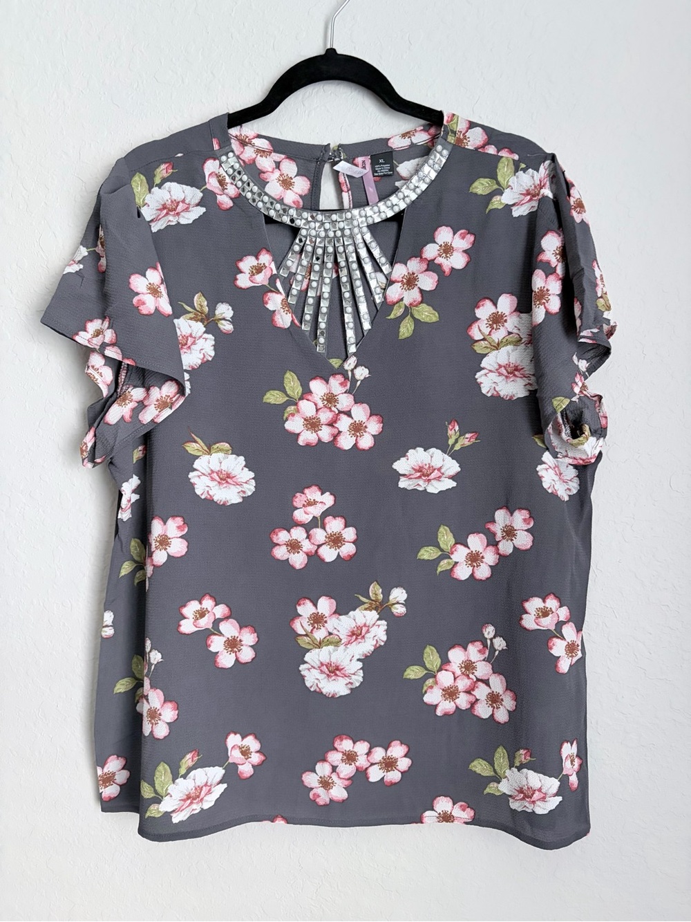 Love By Design Gray Floral Short Sleeve Top with Rhinestone Neckline